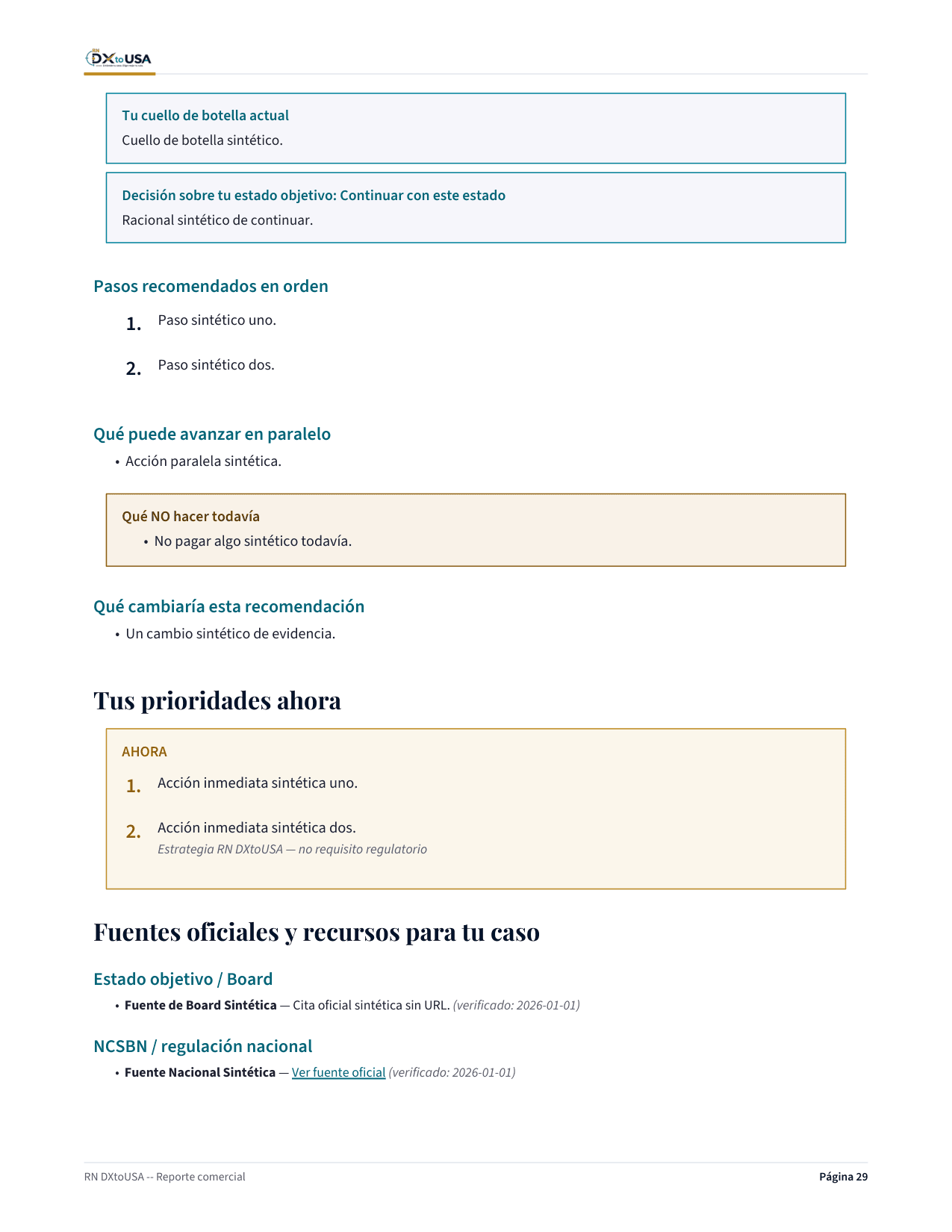 Página de próximos pasos del reporte